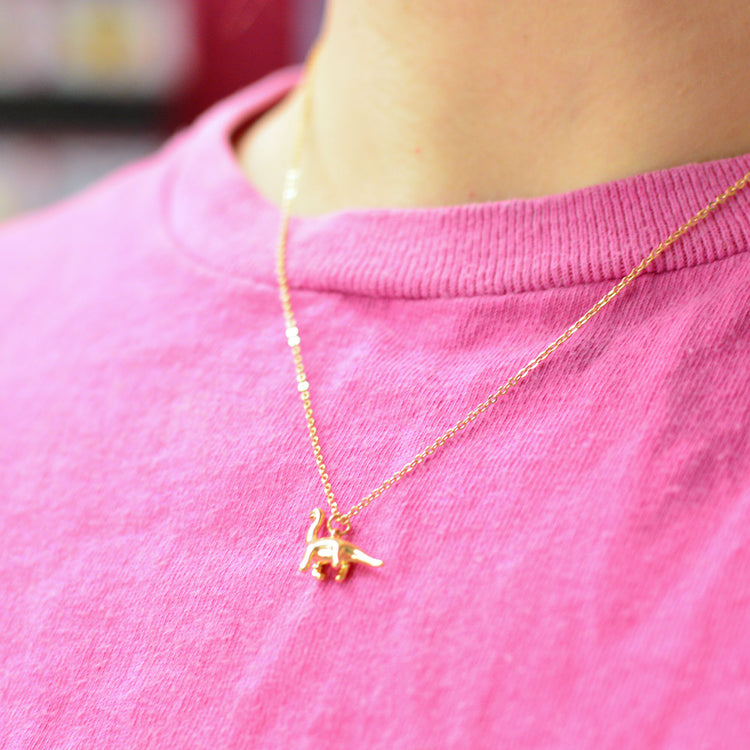 Gold plated necklace with a small long necked dinosaur pendant being worn over a pink shirt
