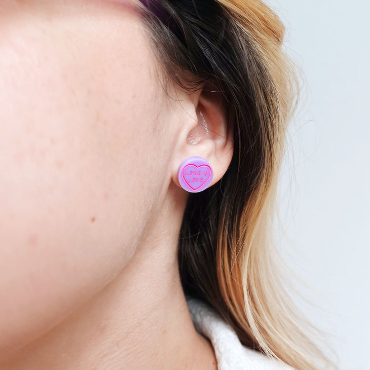 Valentines Sweetie Love Heart Love is Love Lilac Stud Earrings