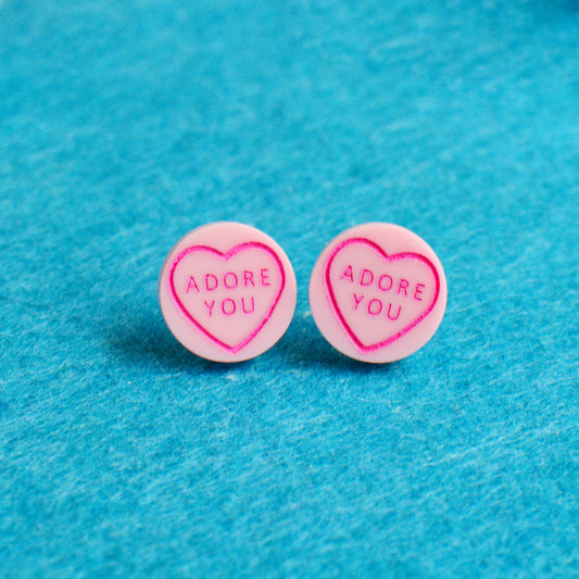 Valentines Sweetie Love Heart Adore You Pastel Pink Stud Earrings