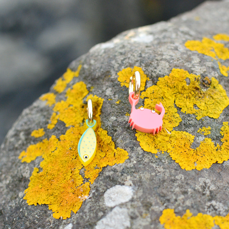 Two small hoop earrings resting on a textured gray rock covered with bright yellow-orange lichen. One charm is ayellow-green fish design, and the other is a pink crab design.