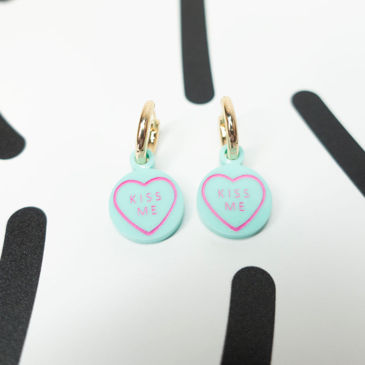 Kiss Me Love Heart Huggies Earrings
