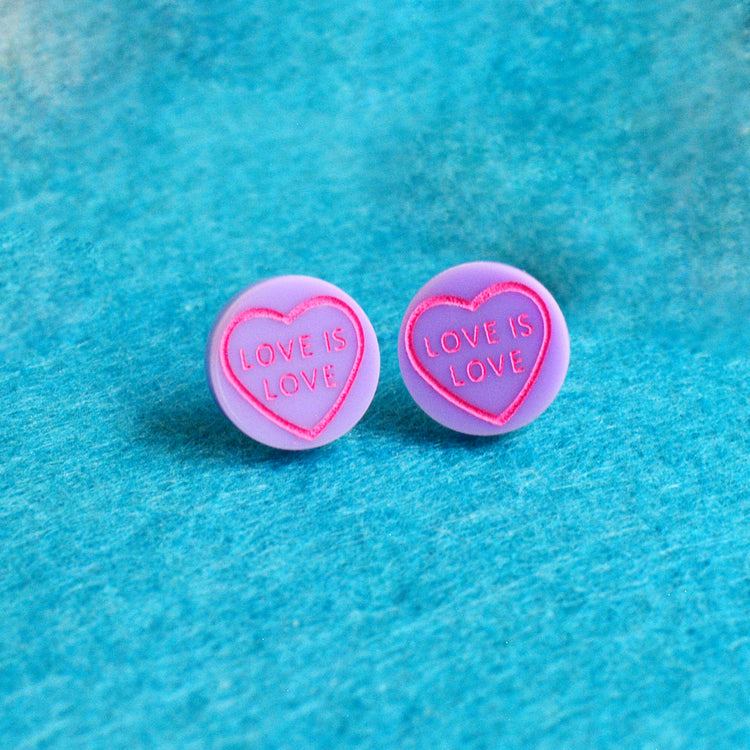 Valentines Sweetie Love Heart Love is Love Lilac Stud Earrings