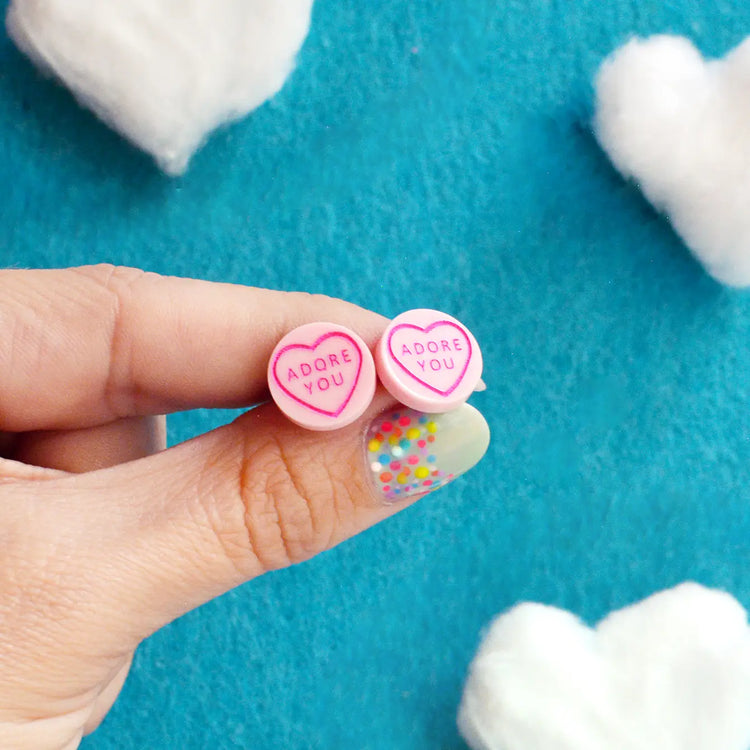 Valentines Sweetie Love Heart Adore You Pastel Pink Stud Earrings